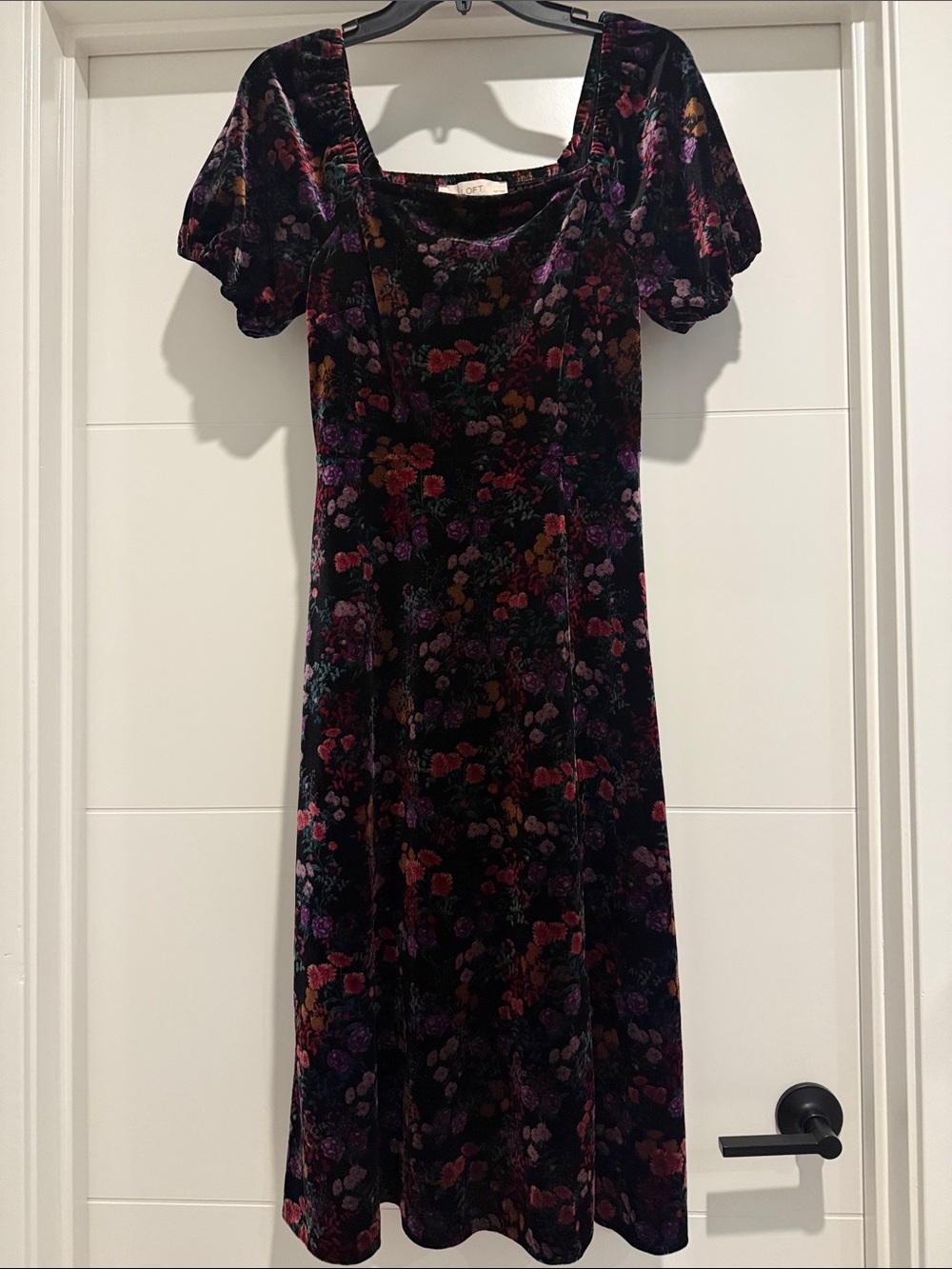 LOFT Black Velvet Midi Dress with Floral Velvet